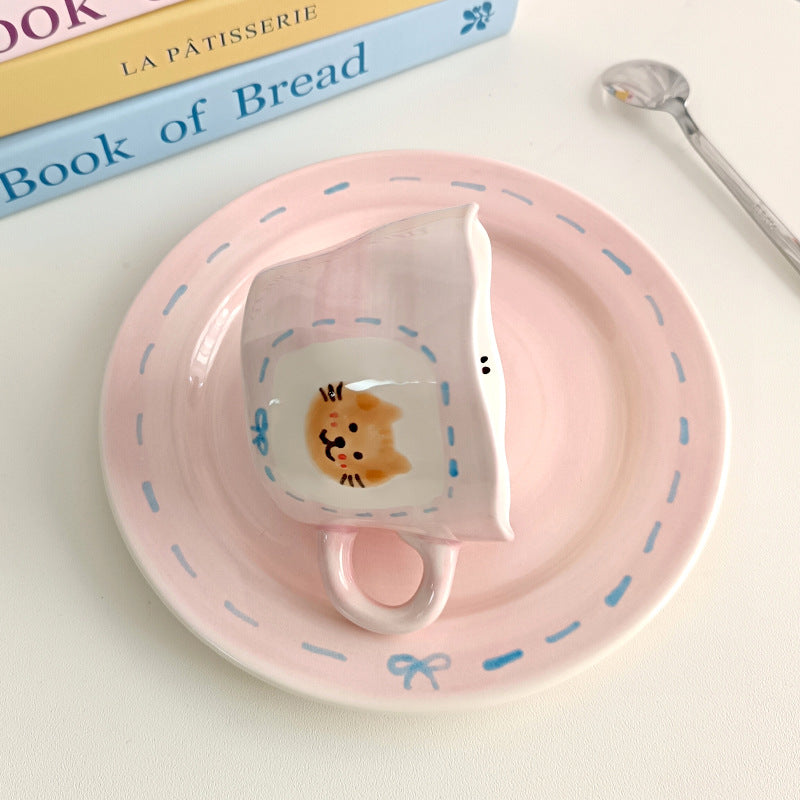 Hand-Painted Kitten Ceramic Cup and Saucer Set – 250ml Pink Underglaze Coffee Tea Mug with Plate, Cute Cat Design, Smooth Glazed Finish, Microwave and Dishwasher Safe for Home or Office Use