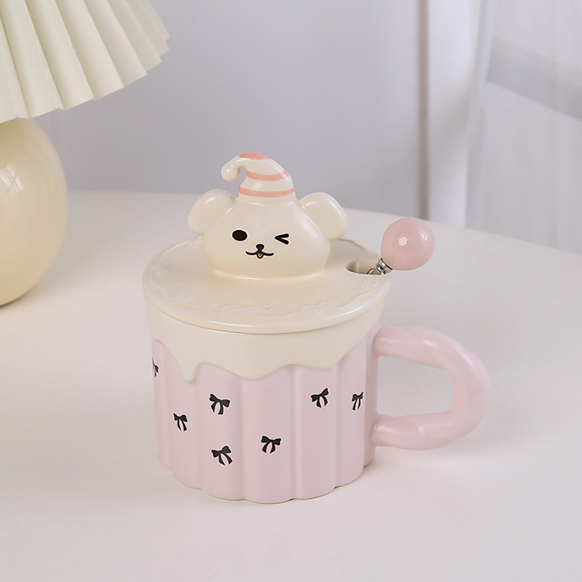 Pink Little Bear Bow Tie Mug – Cute 380ml Ceramic Coffee Cup with Lid – Hand-Painted, Kawaii Design for Tea, Coffee, and Milk – Perfect Gift for Women & Girls