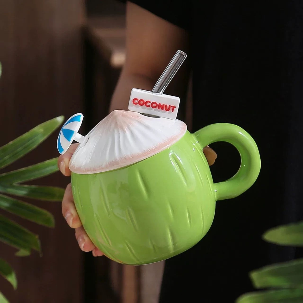 Coconut Ceramic Mug 430ml with Lid and Straw - Fun Drinkware for Coffee, Tea, Milk and Water - Cute Tropical Mug for Men and Women