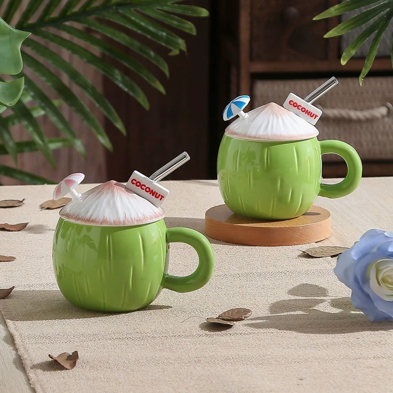 Coconut Ceramic Mug 430ml with Lid and Straw - Fun Drinkware for Coffee, Tea, Milk and Water - Cute Tropical Mug for Men and Women