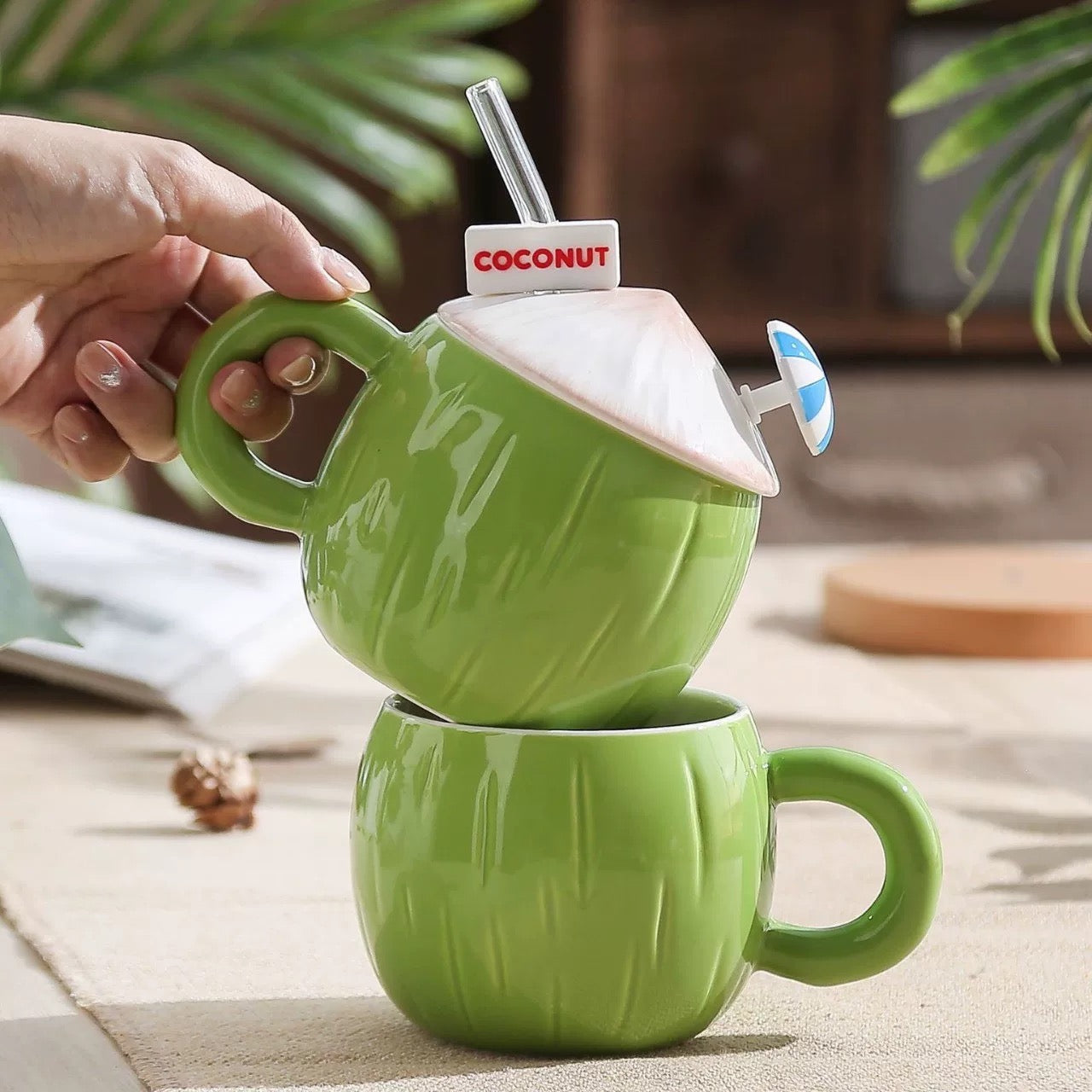 Coconut Ceramic Mug 430ml with Lid and Straw - Fun Drinkware for Coffee, Tea, Milk and Water - Cute Tropical Mug for Men and Women