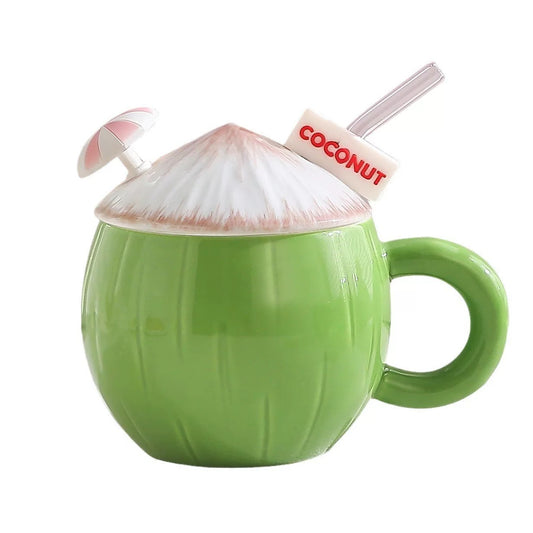 Coconut Ceramic Mug 430ml with Lid and Straw - Fun Drinkware for Coffee, Tea, Milk and Water - Cute Tropical Mug for Men and Women