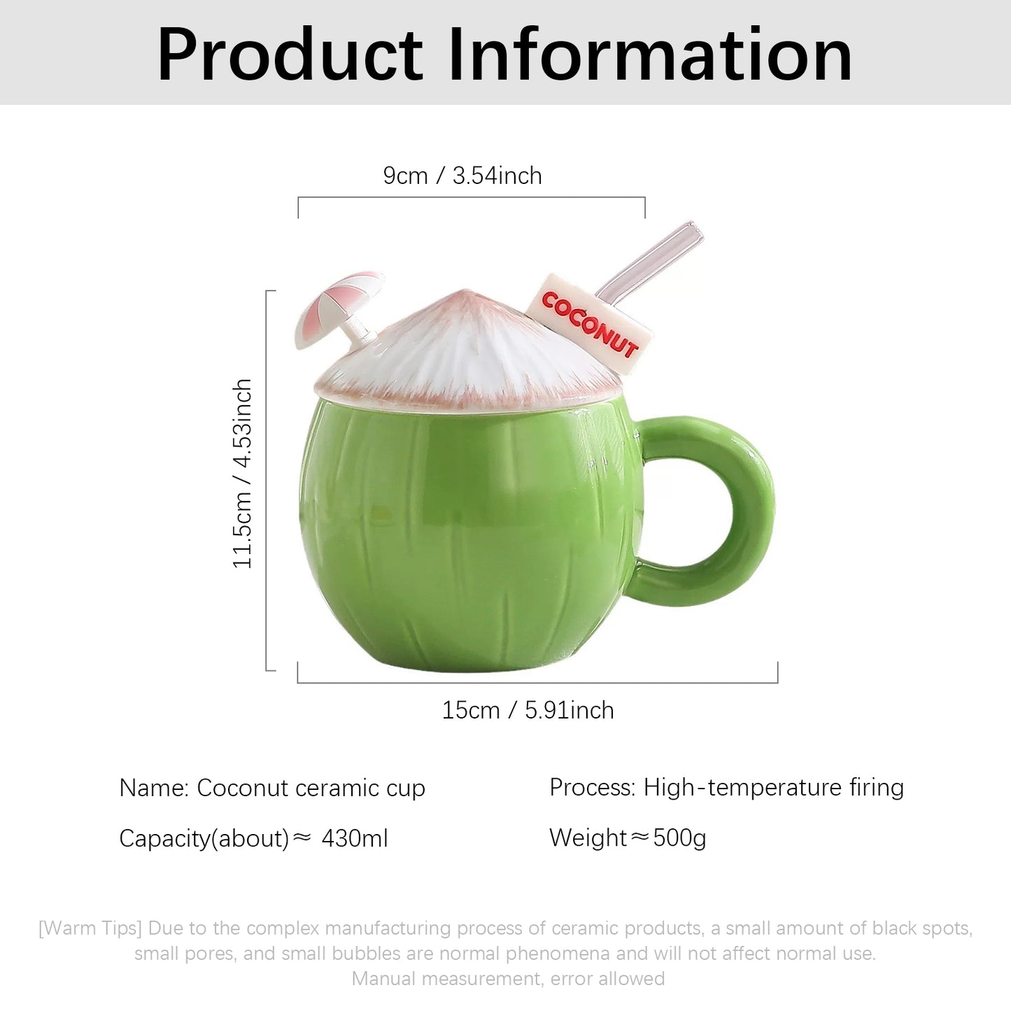 Coconut Ceramic Mug 430ml with Lid and Straw - Fun Drinkware for Coffee, Tea, Milk and Water - Cute Tropical Mug for Men and Women