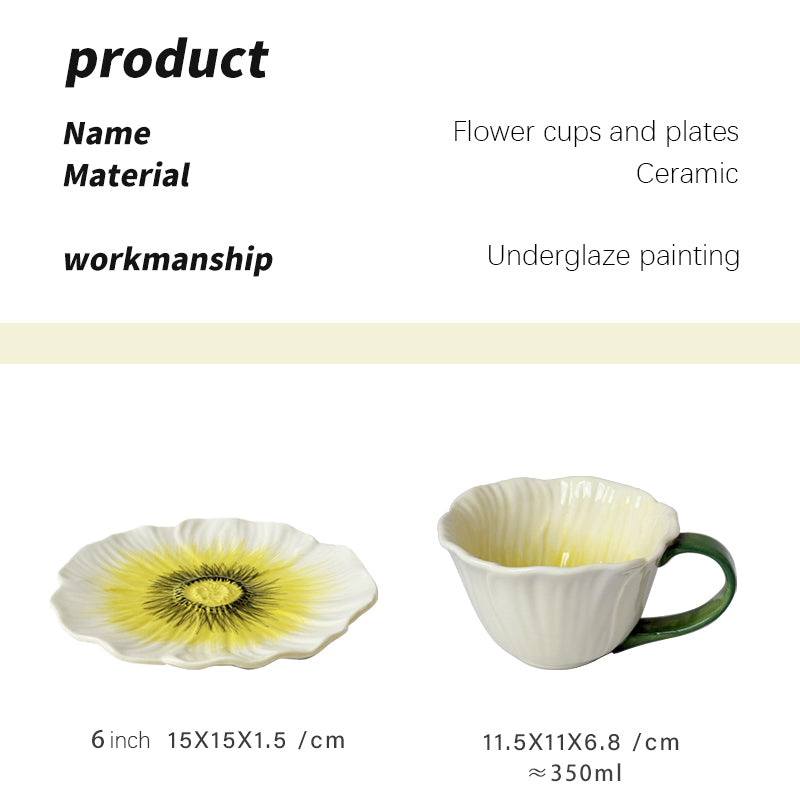 Shuflower - Poppy Flower Ceramic Coffee Cup & Saucer Set 350ml | Hand-Painted Floral Mug with Gift Box