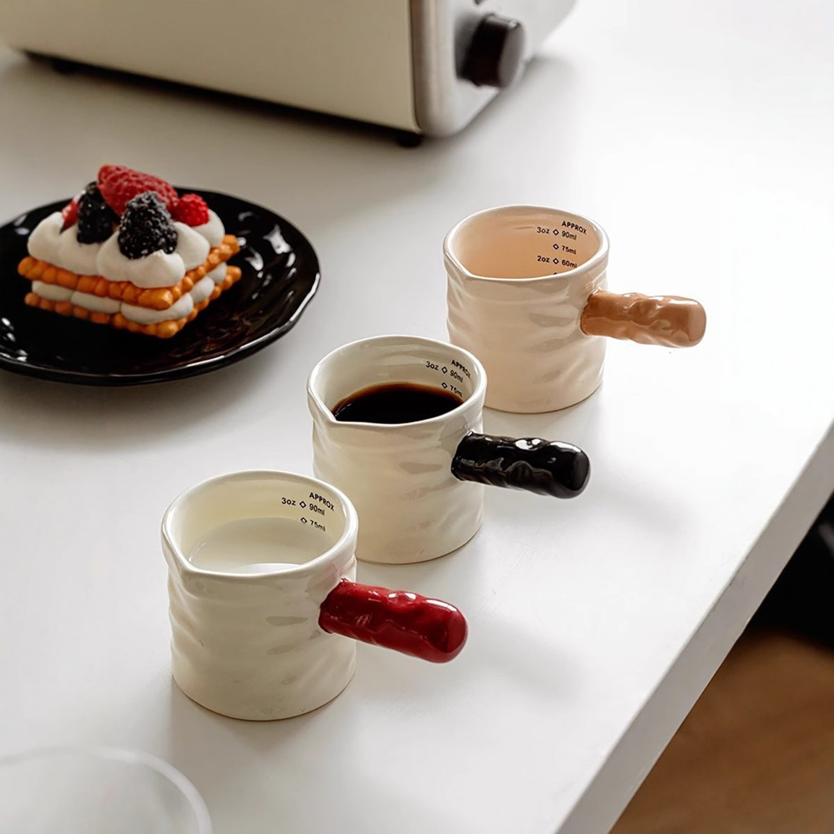 Shuflower - Creative Ceramic Measuring Coffee Cup and Saucer Set | 230ml Crumpled Espresso Mug + 90ml Mini Scale Cup | Stylish & Elegant