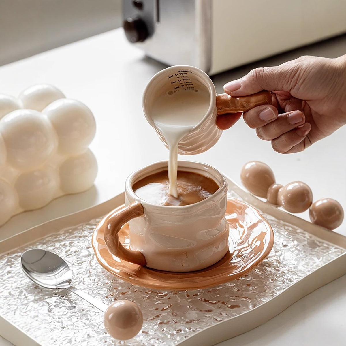 Shuflower - Creative Ceramic Measuring Coffee Cup and Saucer Set | 230ml Crumpled Espresso Mug + 90ml Mini Scale Cup | Stylish & Elegant