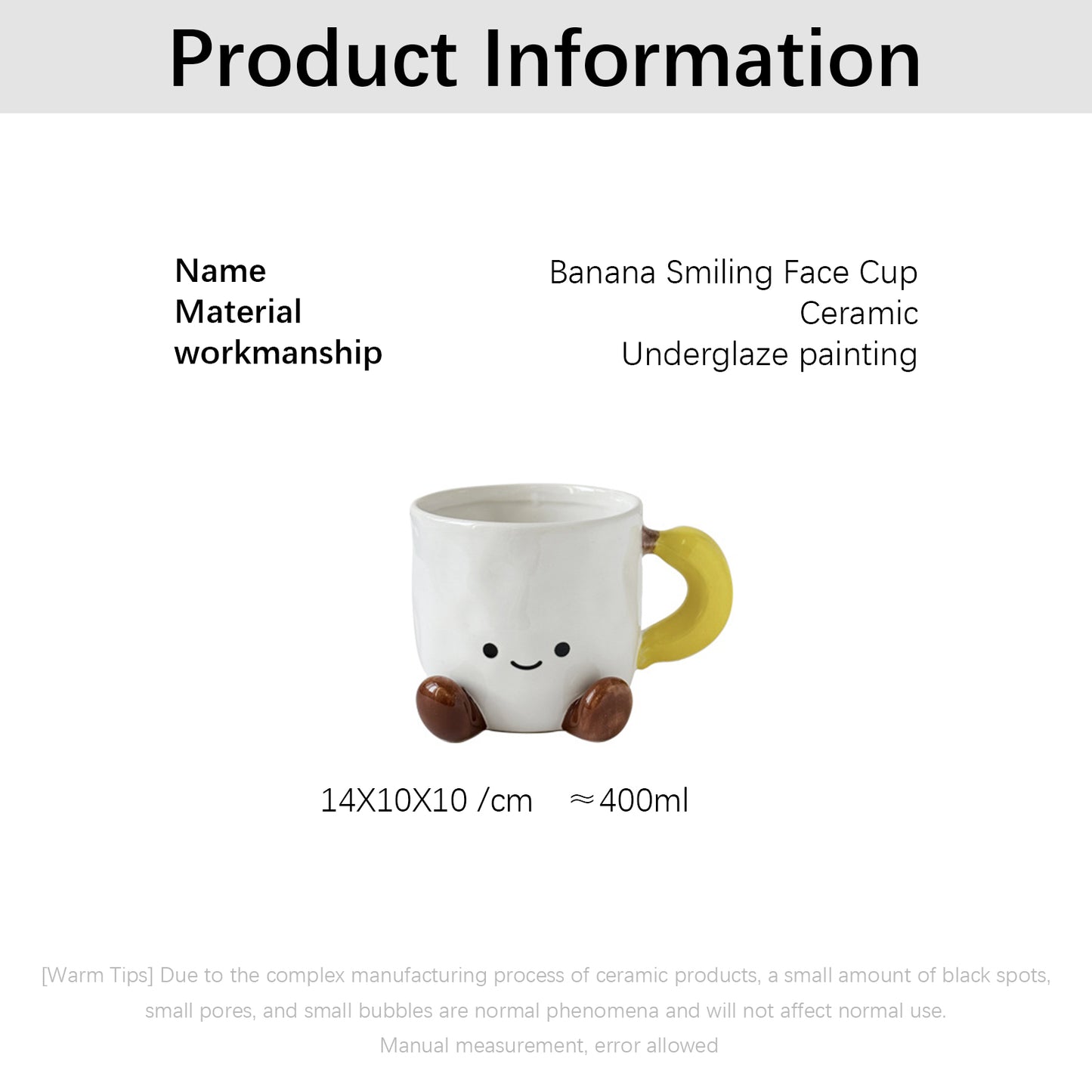 Shuflower – Banana Smiling Face Ceramic Mug – Hand-Painted Underglaze, 400ml