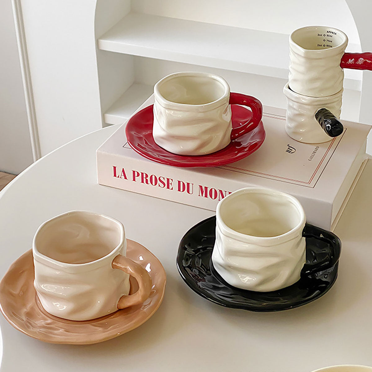 Shuflower - Creative Ceramic Measuring Coffee Cup and Saucer Set | 230ml Crumpled Espresso Mug + 90ml Mini Scale Cup | Stylish & Elegant