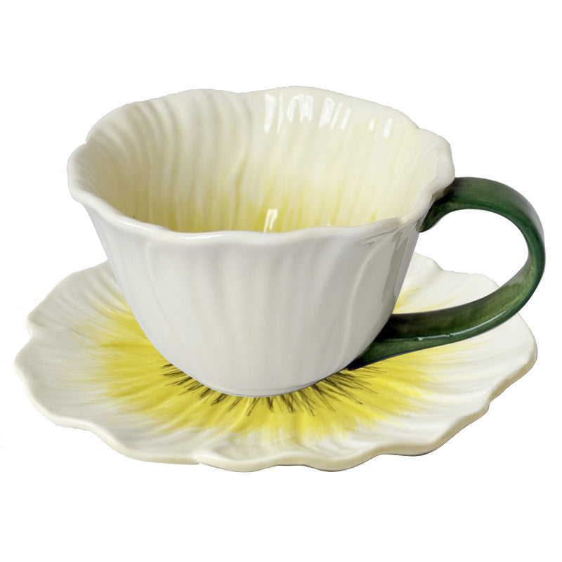 Shuflower - Poppy Flower Ceramic Coffee Cup & Saucer Set 350ml | Hand-Painted Floral Mug with Gift Box