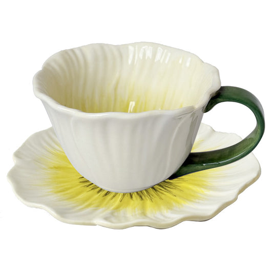 Shuflower - Poppy Flower Ceramic Coffee Cup & Saucer Set 350ml | Hand-Painted Floral Mug with Gift Box
