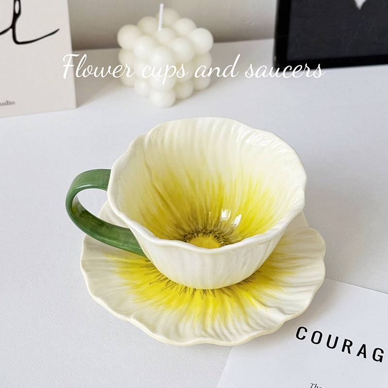 Shuflower - Poppy Flower Ceramic Coffee Cup & Saucer Set 350ml | Hand-Painted Floral Mug with Gift Box