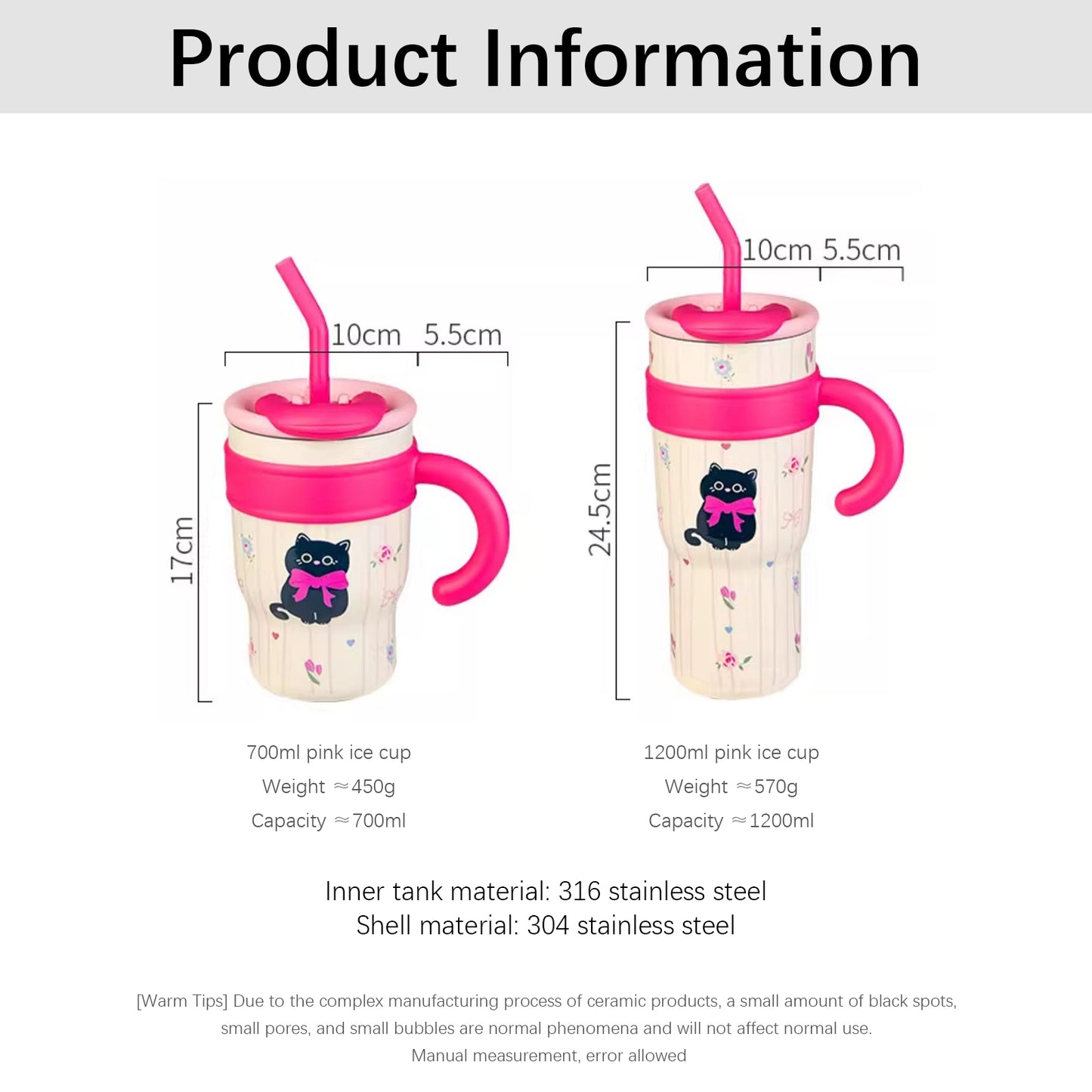 Shuflower – Giant Pink Ice Tumbler – 316 Stainless Steel Straw Cup with Handle, 700ml/1200ml