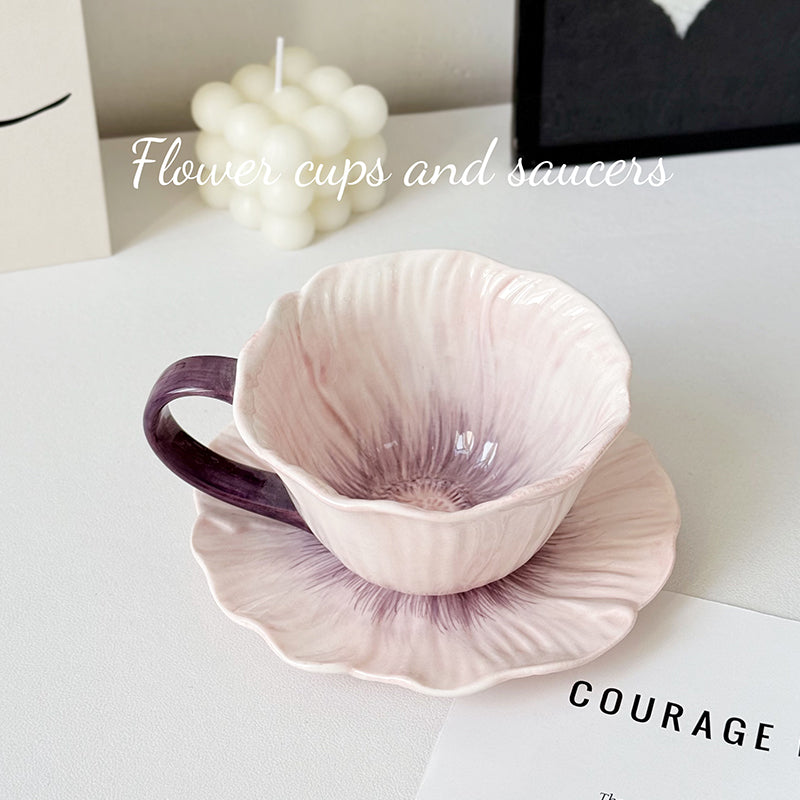 Shuflower - Poppy Flower Ceramic Coffee Cup & Saucer Set 350ml | Hand-Painted Floral Mug with Gift Box