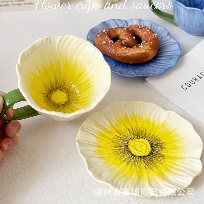 Shuflower - Poppy Flower Ceramic Coffee Cup & Saucer Set 350ml | Hand-Painted Floral Mug with Gift Box