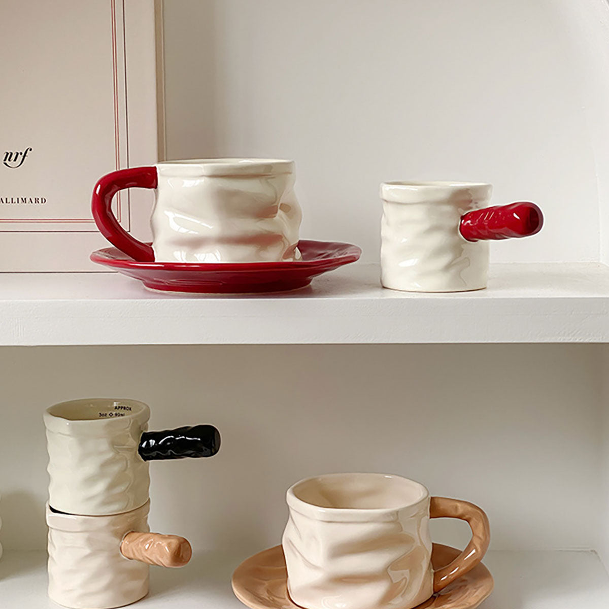 Shuflower - Creative Ceramic Measuring Coffee Cup and Saucer Set | 230ml Crumpled Espresso Mug + 90ml Mini Scale Cup | Stylish & Elegant