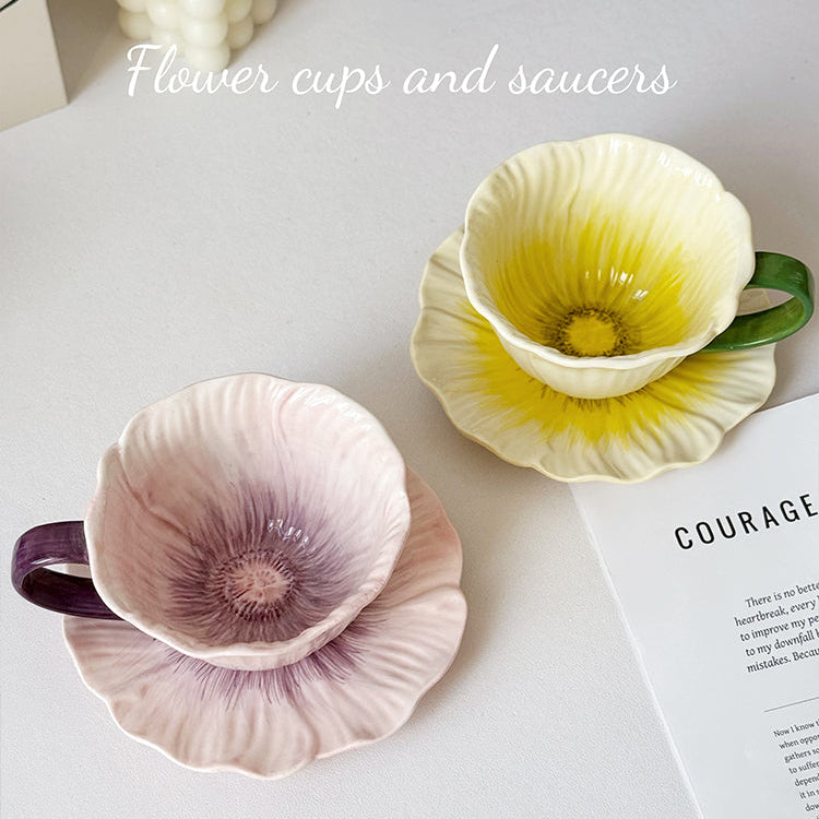 Shuflower - Poppy Flower Ceramic Coffee Cup & Saucer Set 350ml | Hand-Painted Floral Mug with Gift Box