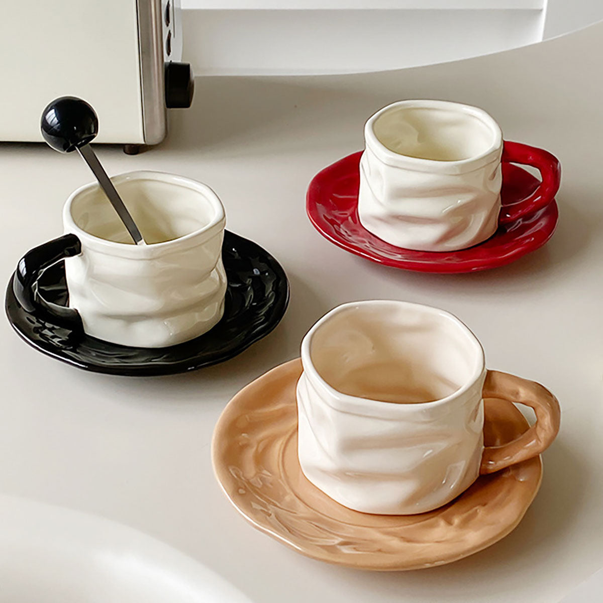 Shuflower - Creative Ceramic Measuring Coffee Cup and Saucer Set | 230ml Crumpled Espresso Mug + 90ml Mini Scale Cup | Stylish & Elegant