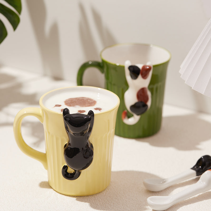 Shuflower - Cute Cat Ceramic Mug with Hanging Spoon 350ml | Japanese-Style Coffee Cup with Gift Box