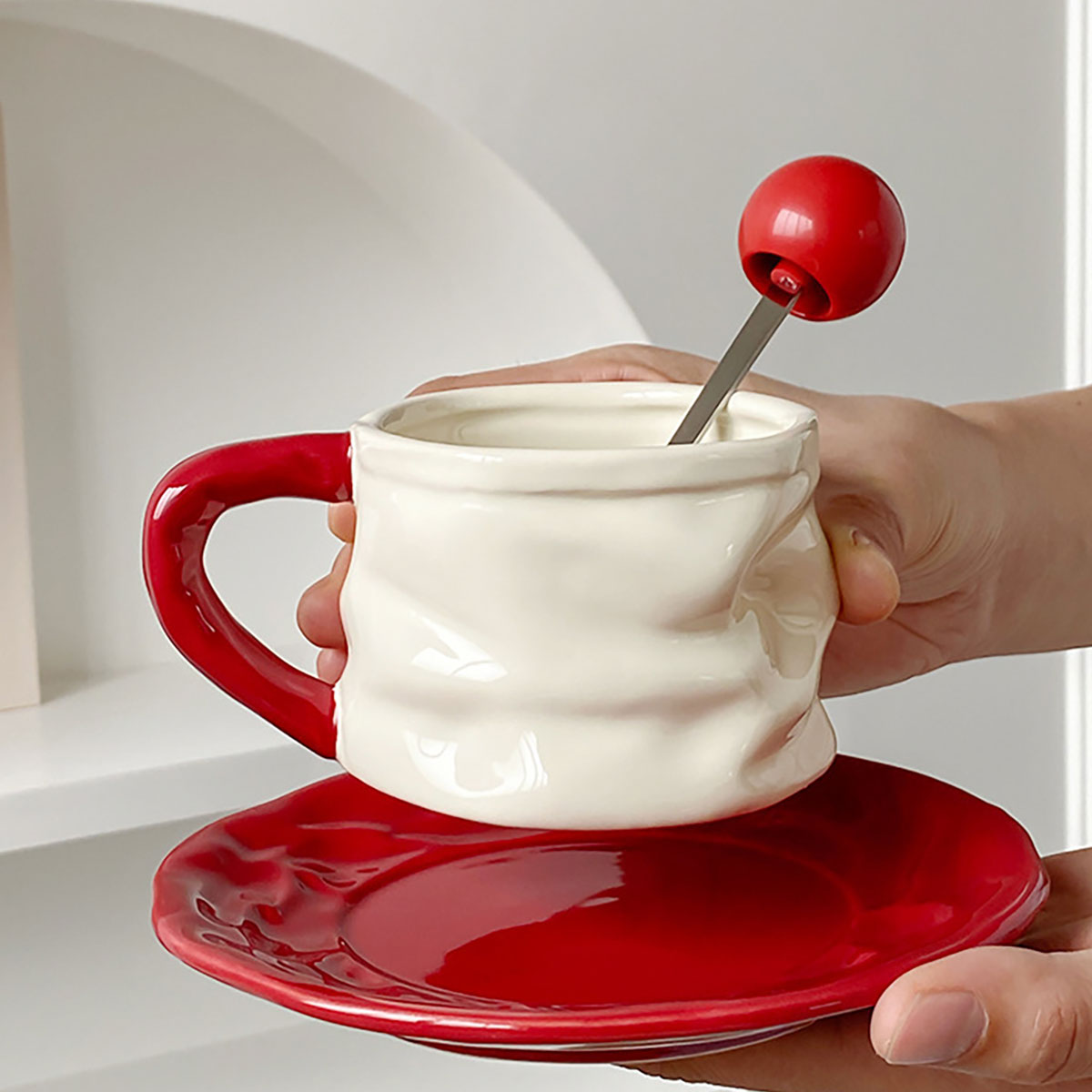 Shuflower - Creative Ceramic Measuring Coffee Cup and Saucer Set | 230ml Crumpled Espresso Mug + 90ml Mini Scale Cup | Stylish & Elegant