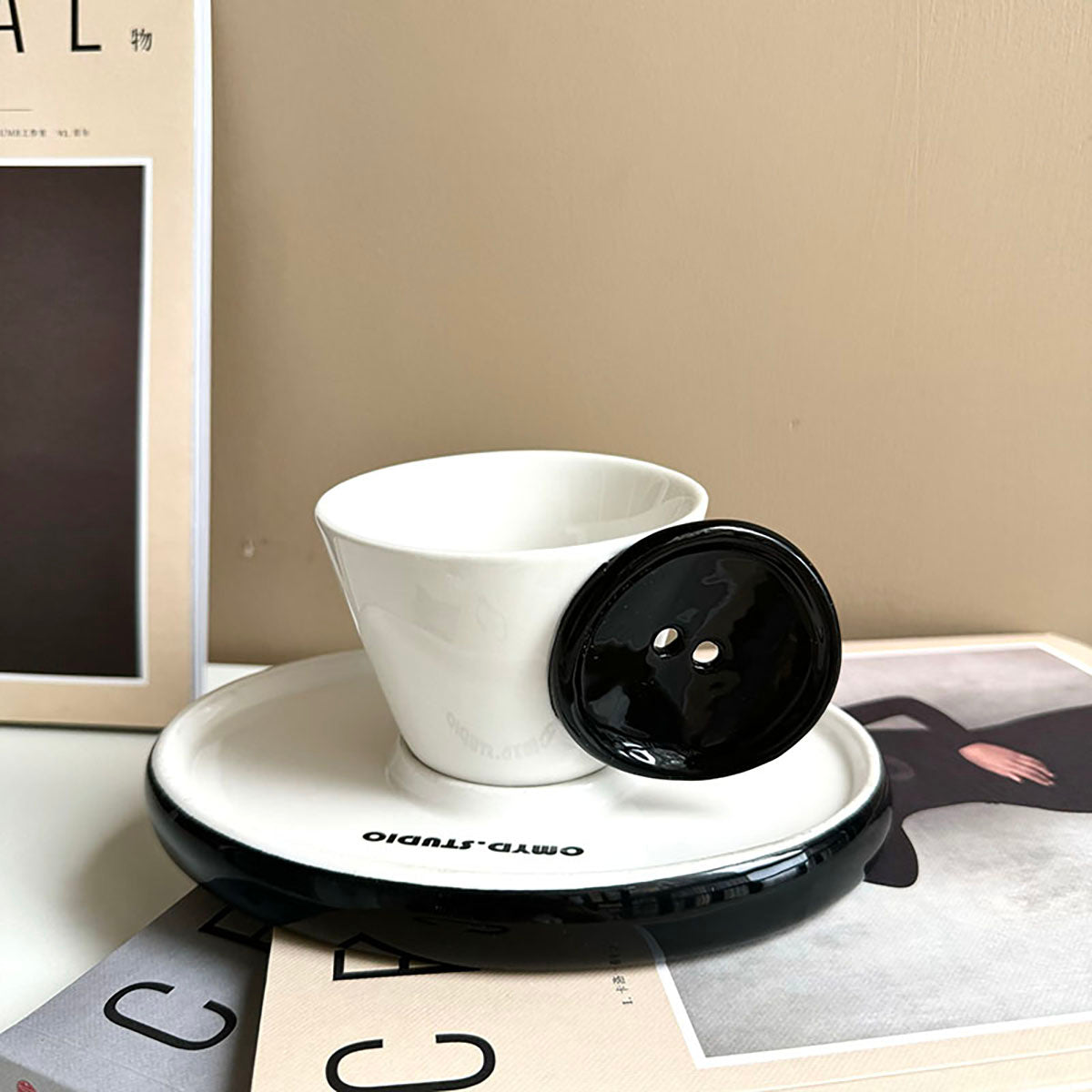 Shuflower - Button Design Ceramic Coffee Cup & Saucer | 250ml High-Aesthetic Ceramic Mug | Gift Box Included
