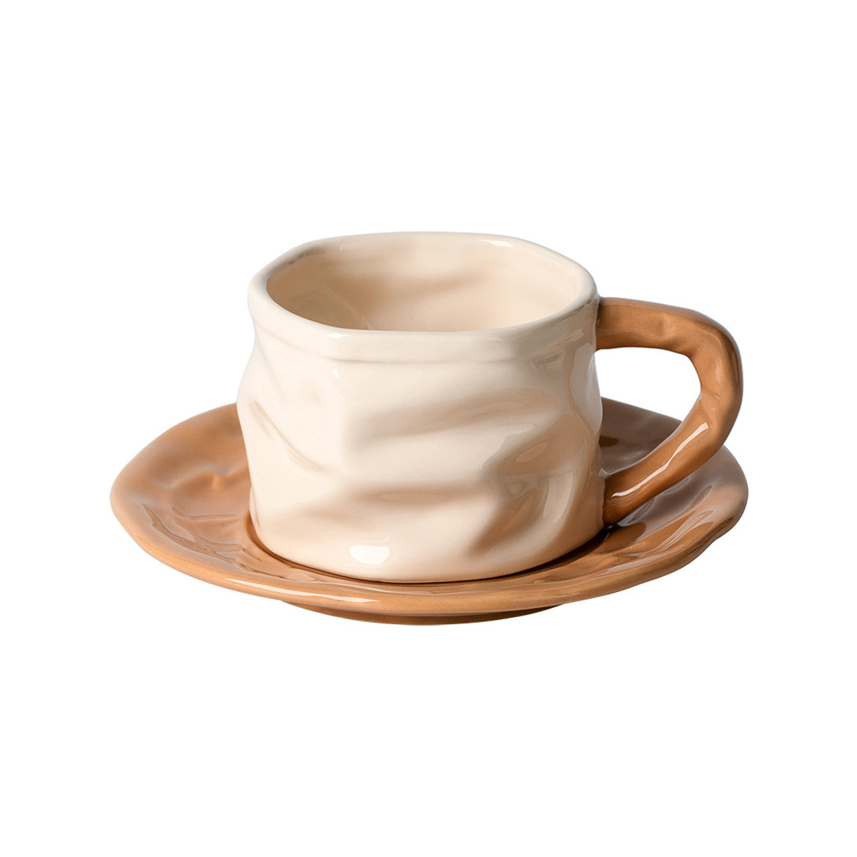 Shuflower - Creative Ceramic Measuring Coffee Cup and Saucer Set | 230ml Crumpled Espresso Mug + 90ml Mini Scale Cup | Stylish & Elegant