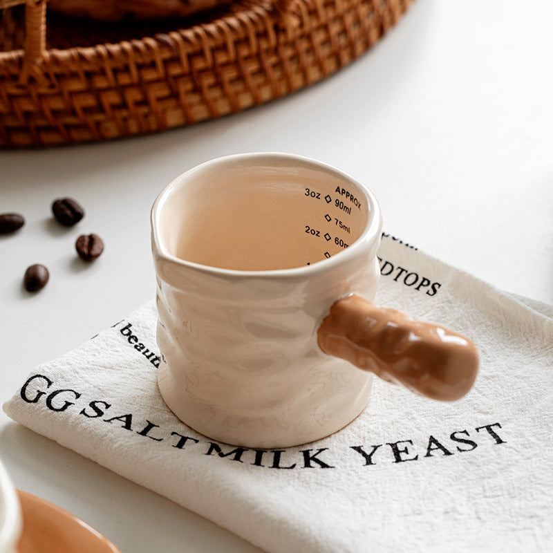 Shuflower - Creative Ceramic Measuring Coffee Cup and Saucer Set | 230ml Crumpled Espresso Mug + 90ml Mini Scale Cup | Stylish & Elegant